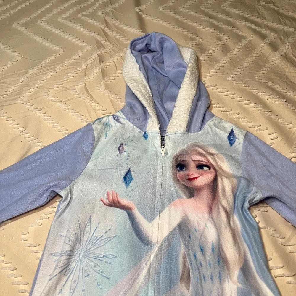 Disney Frozen Elsa Girls Size 5T Hooded Fleece One Piece Pajama Sleeper Blue